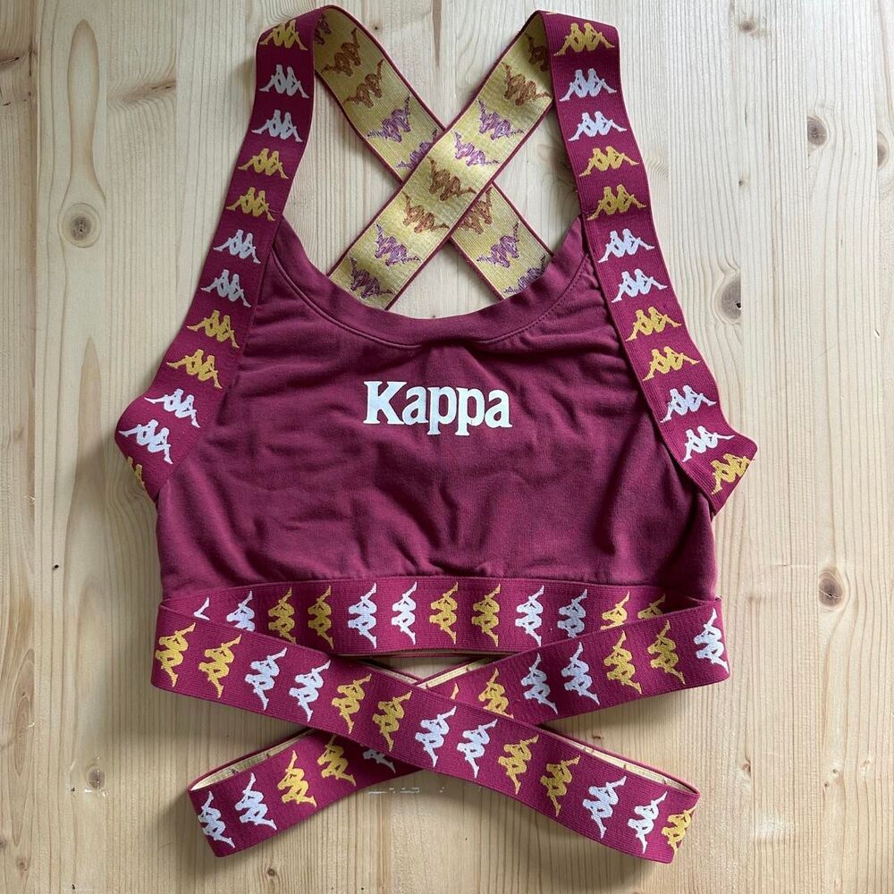 Kappa 222 Banda strappy sports bra crop top maroon white gold logo pattern